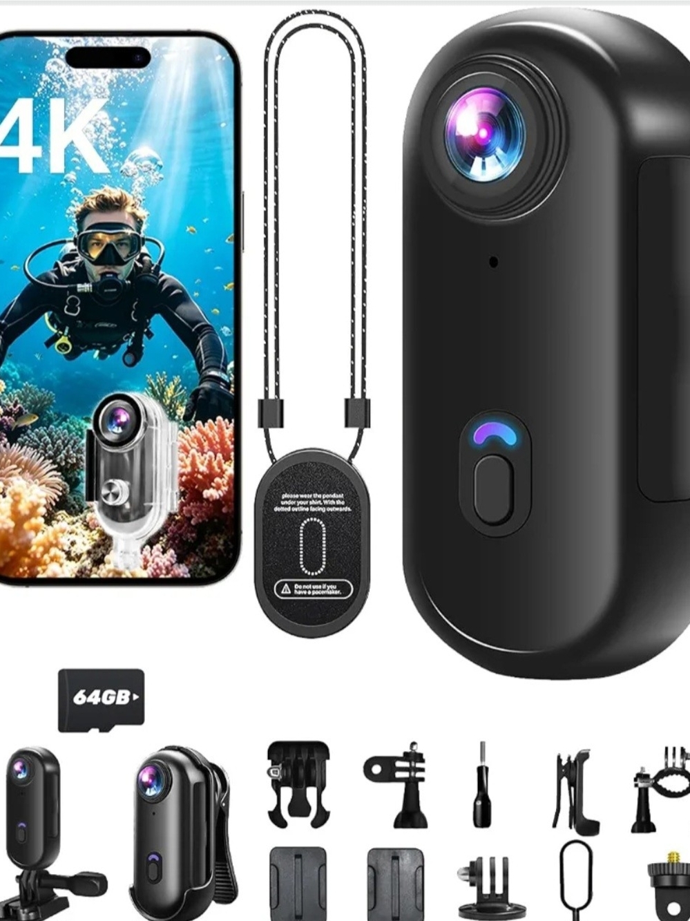 4K Mini Body Camera, WiFi Action Camera with 64GB Card Wearable POV Camera